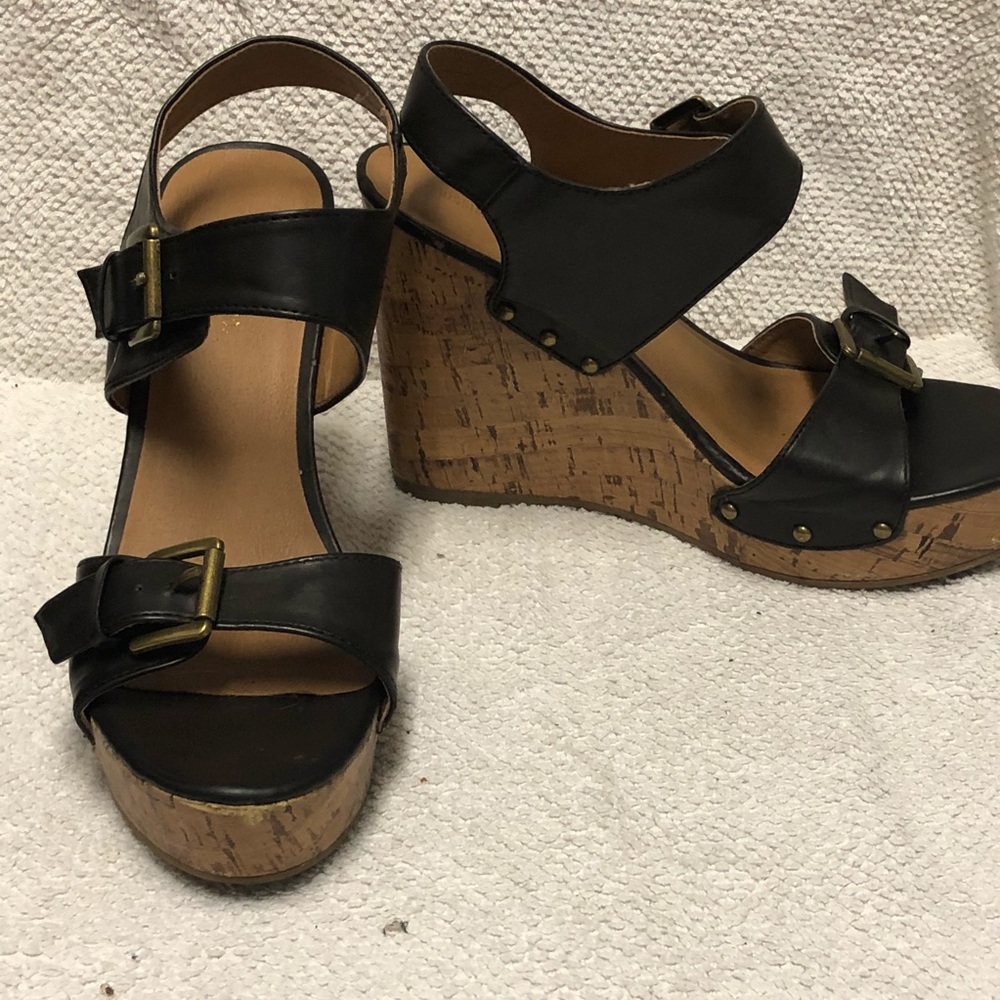 Neutral Brown Double Buckle Cork Wedges 7.5 - Picture 1 of 8